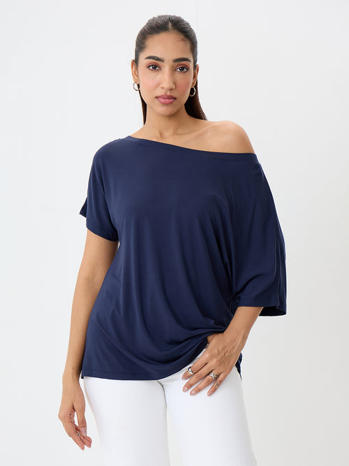 Bamboo Navy One Shoulder Longline Top