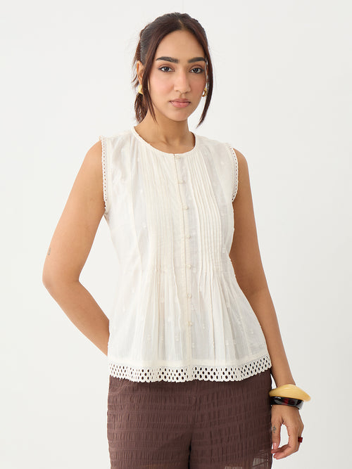 Off-White Pleated Peplum Dobby Top