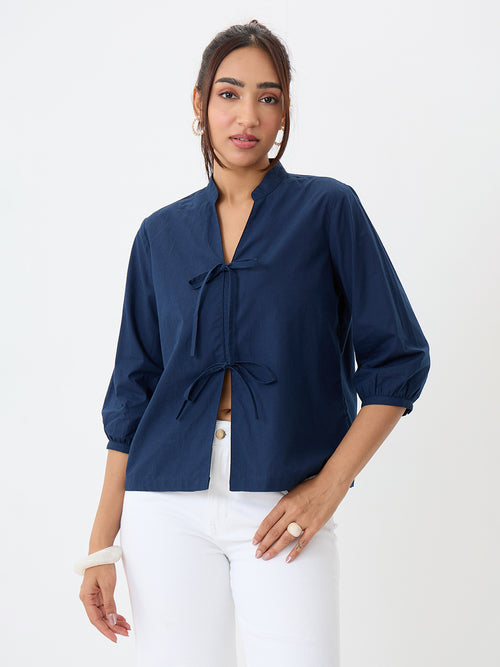 PaperLite Poplin Navy Tie-Up Top