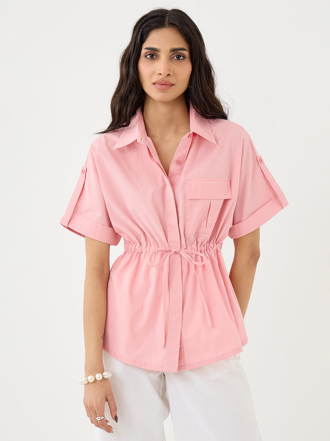 CrispCotton Pink Drawstring Detail Shirt