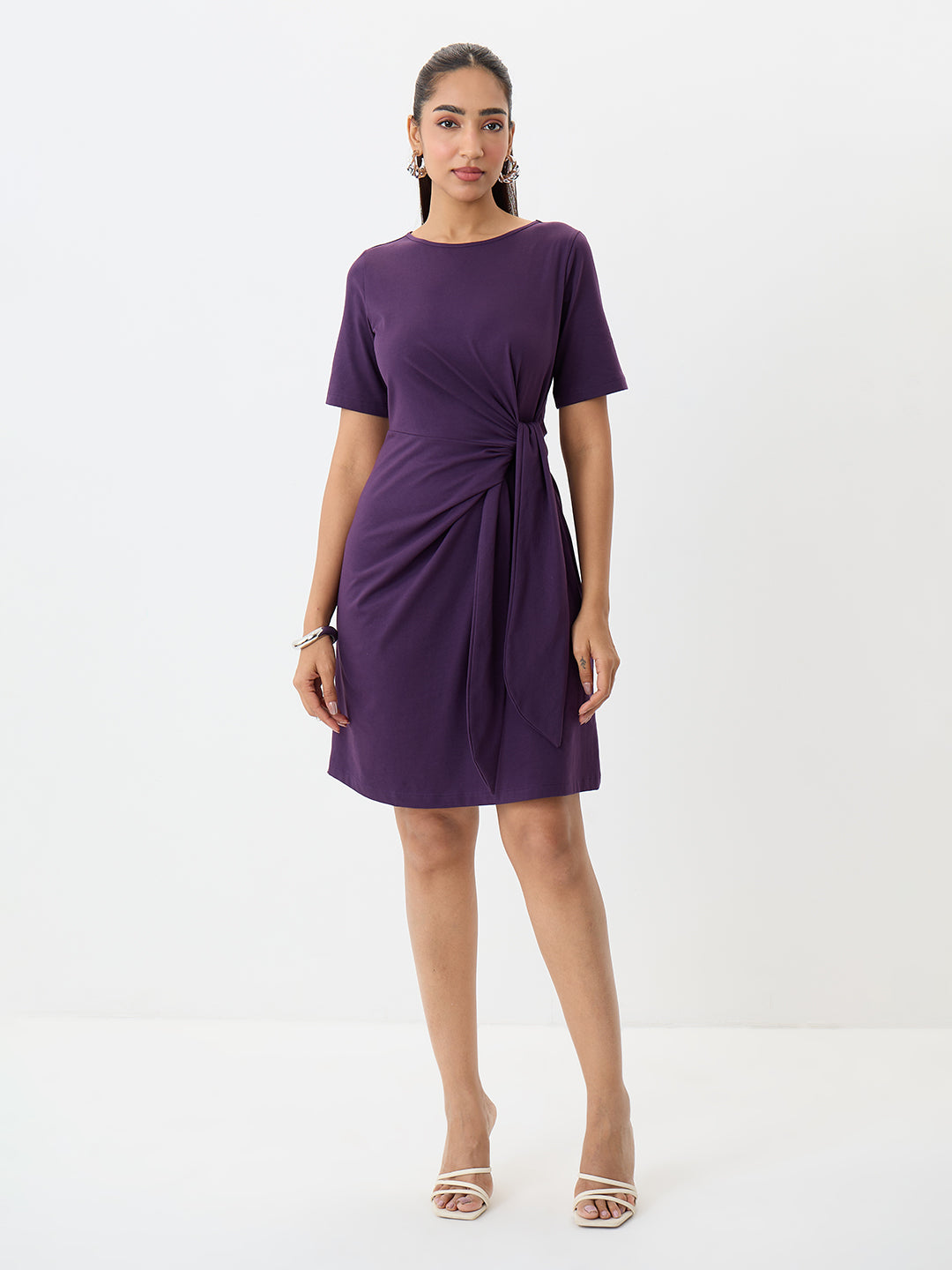 TrueStretch Deep Purple Side Tie-Up Mini Dress