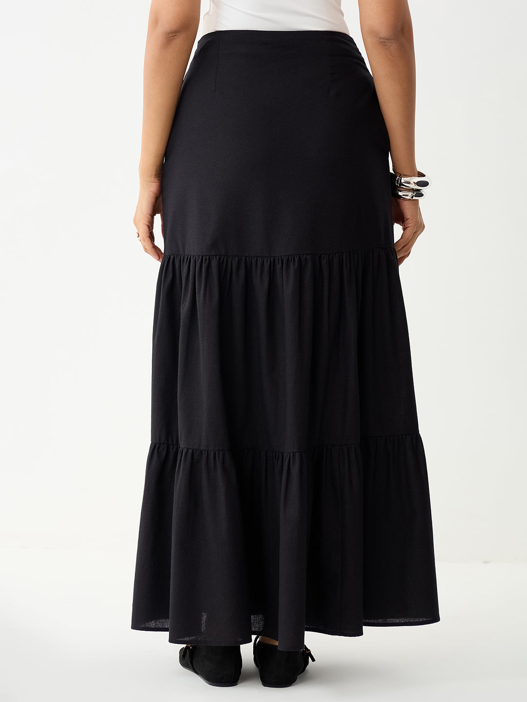 LinenLite Black Tiered Maxi Skirt