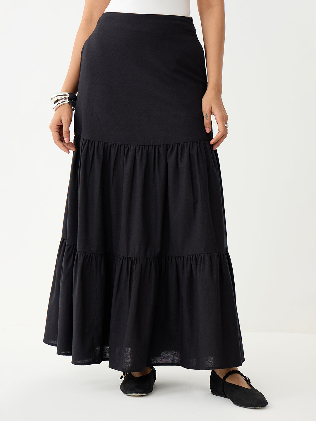 LinenLite Black Tiered Maxi Skirt