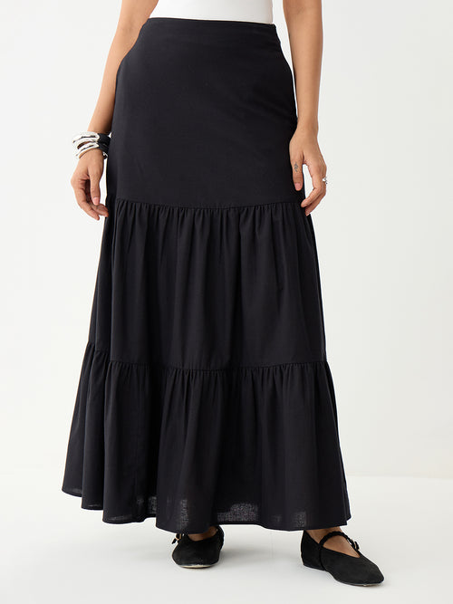 LinenLite Black Tiered Maxi Skirt
