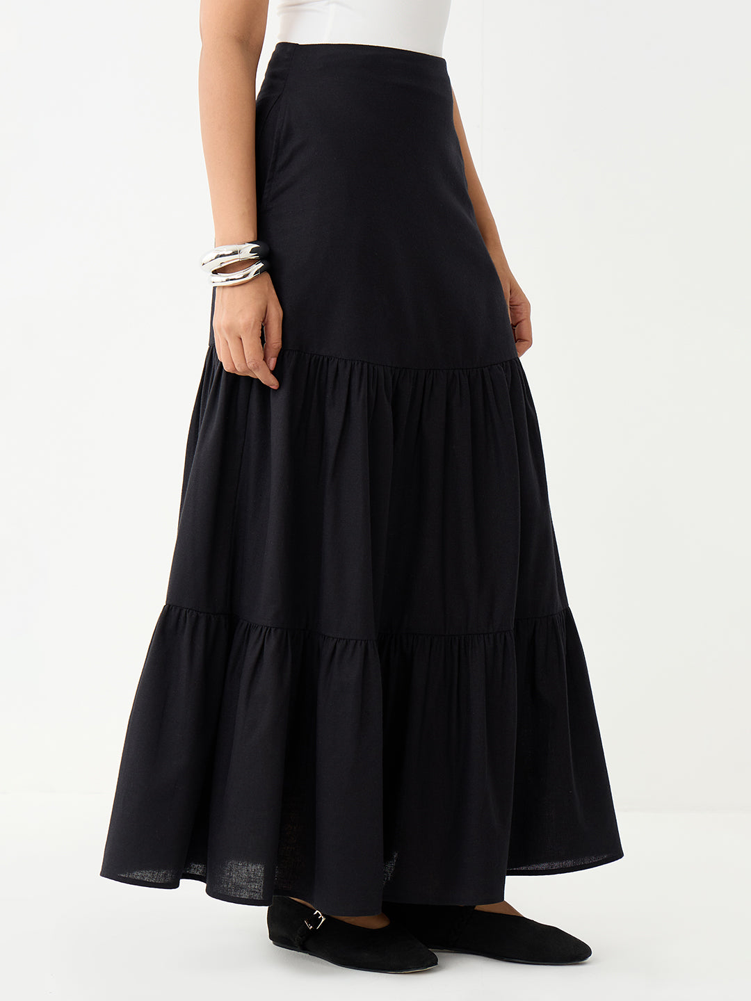 LinenLite Black Tiered Maxi Skirt