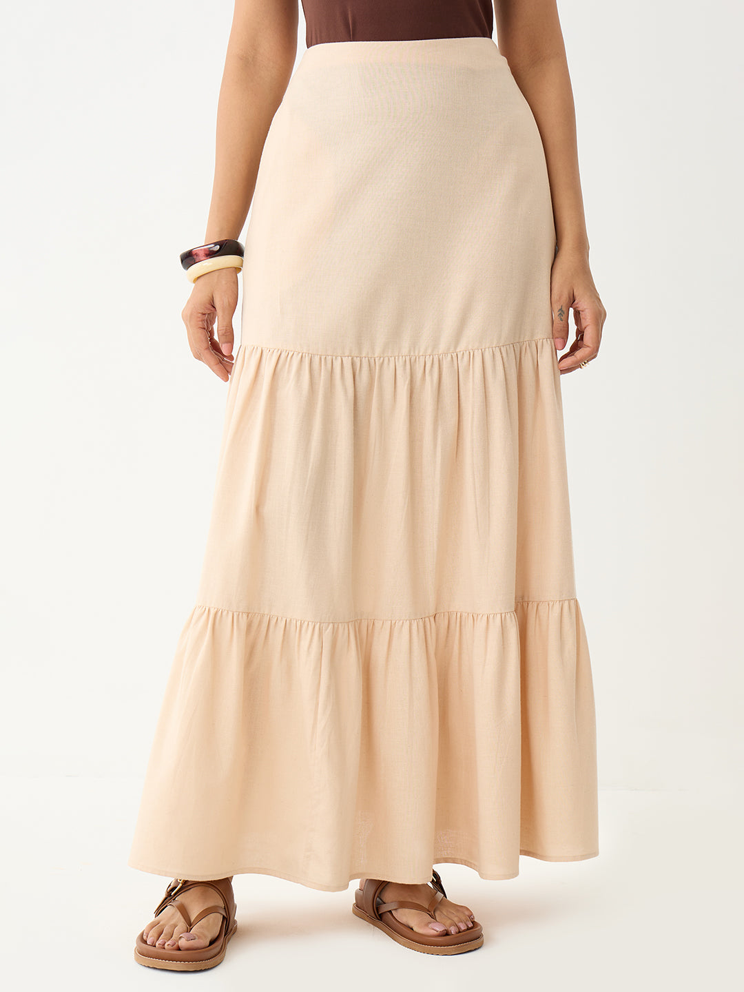 LinenLite Beige Tiered Maxi Skirt
