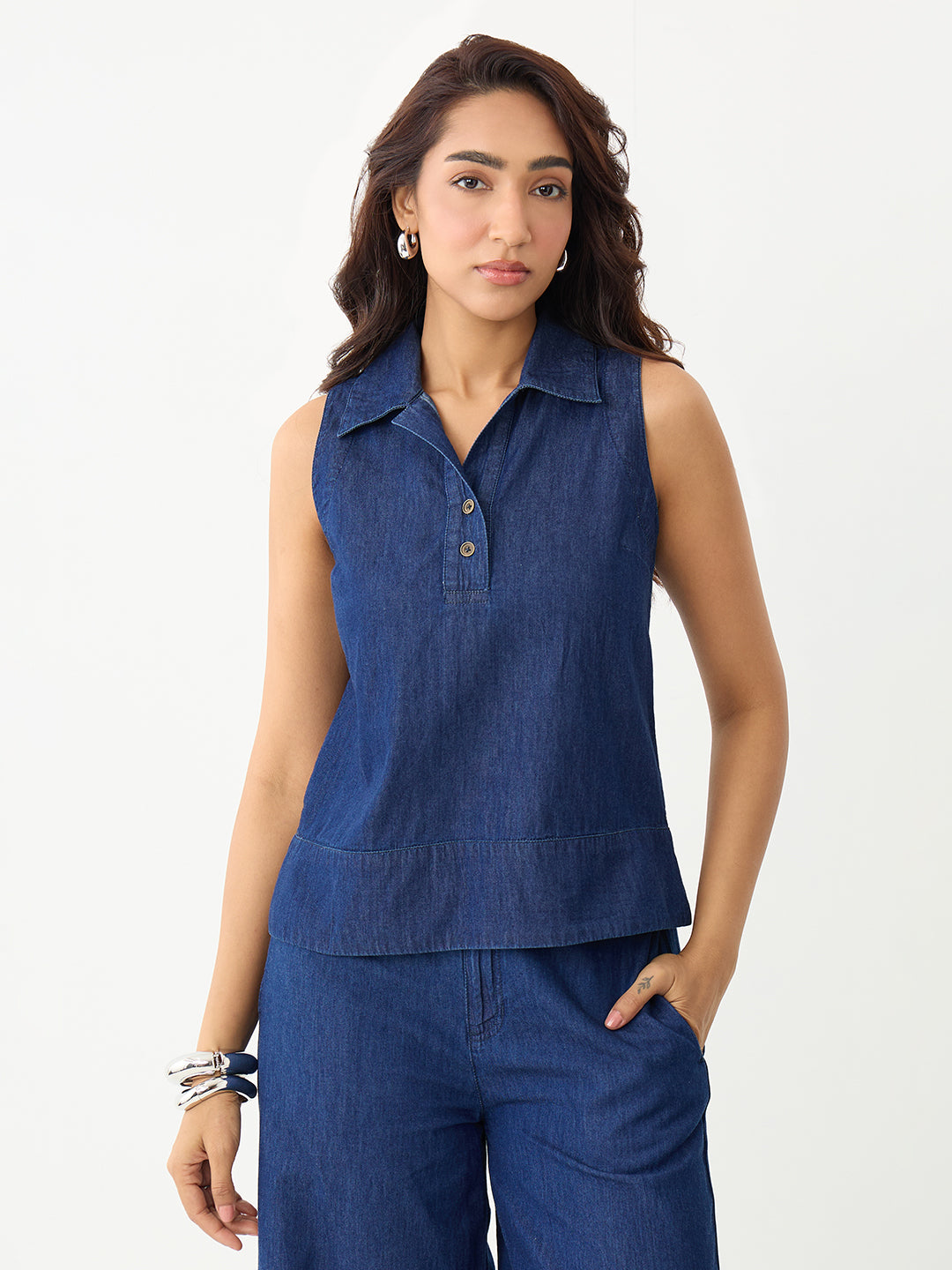 DenimLite Navy Half Placket Top