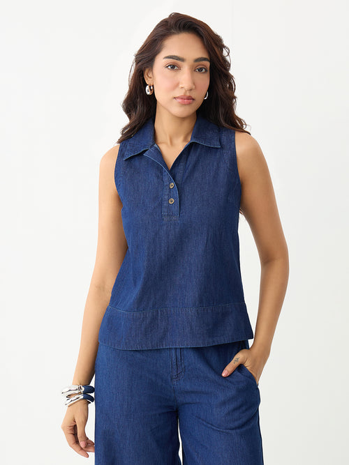 DenimLite Navy Half Placket Top