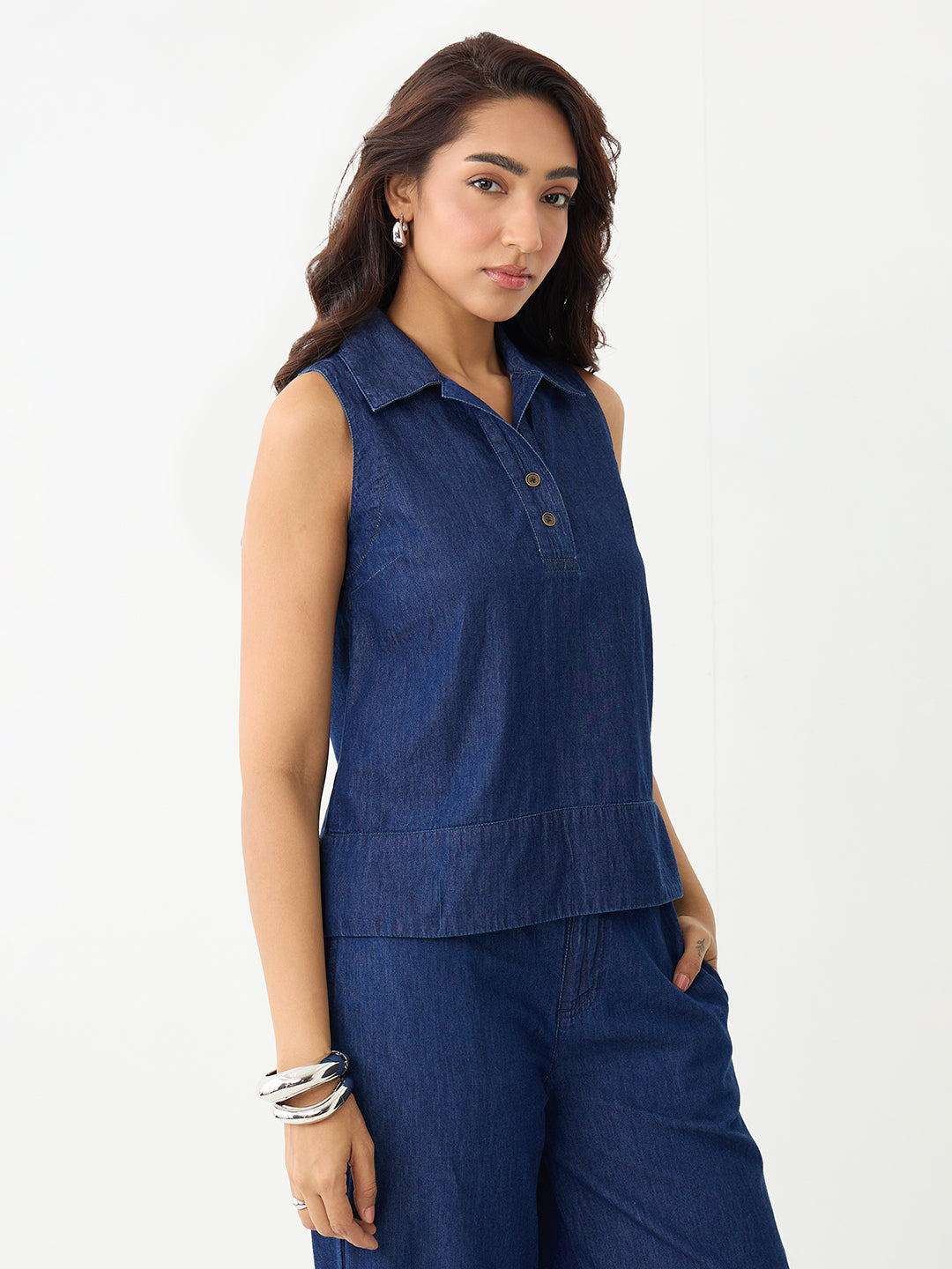 DenimLite Navy Half Placket Top