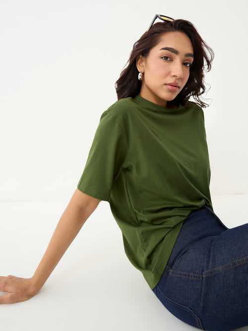 Olive Oversize Cotton Knit T-Shirt