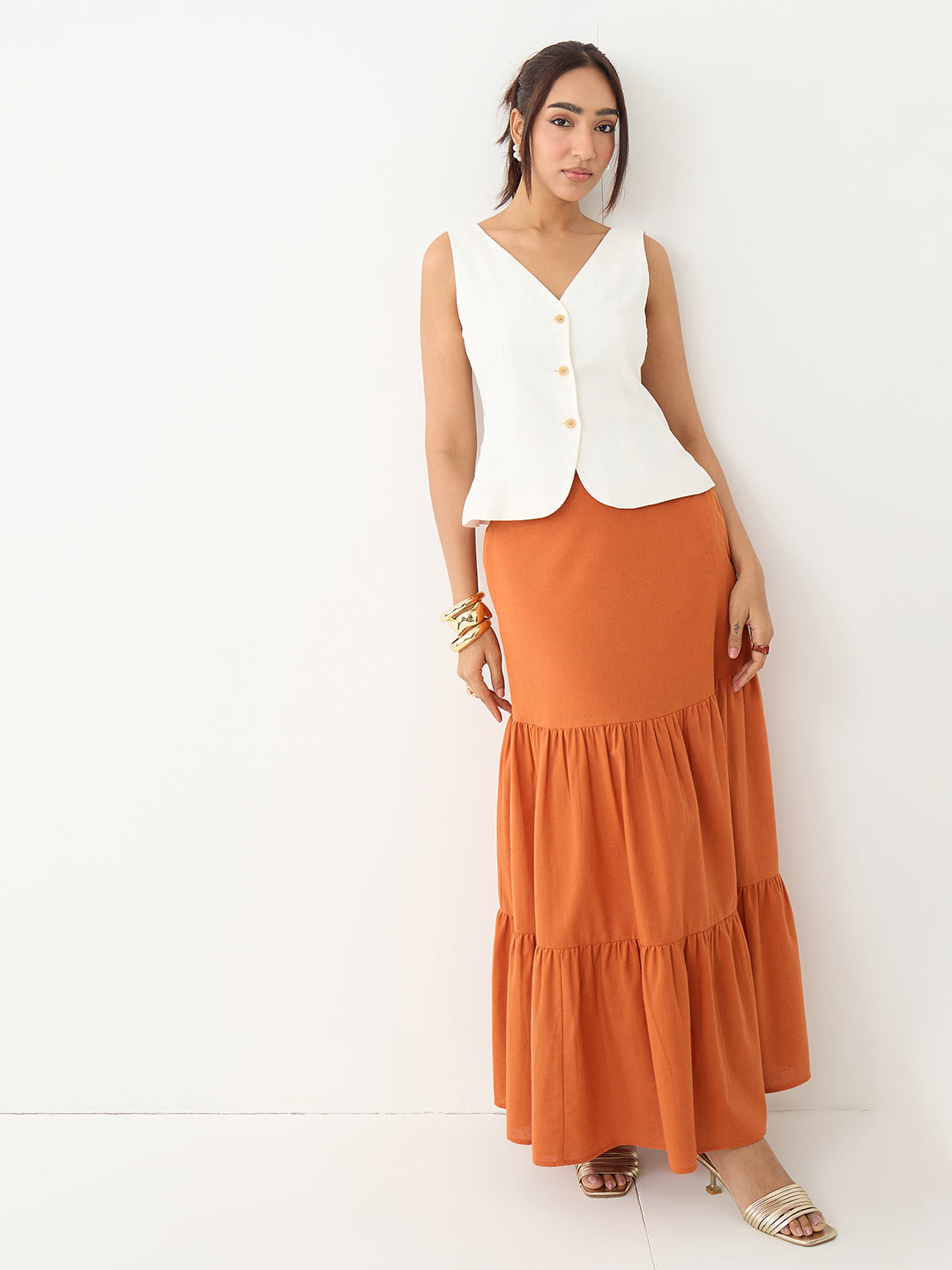 LinenLite Rust Tiered Maxi Skirt