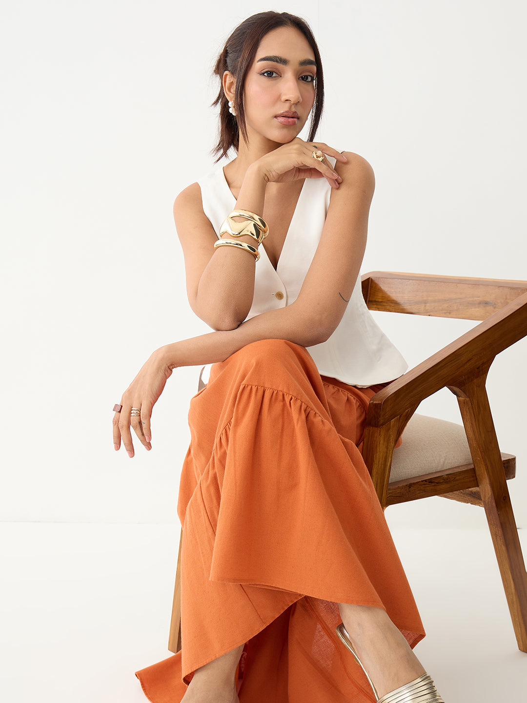LinenLite Rust Tiered Maxi Skirt