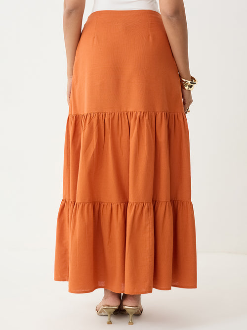 LinenLite Rust Tiered Maxi Skirt