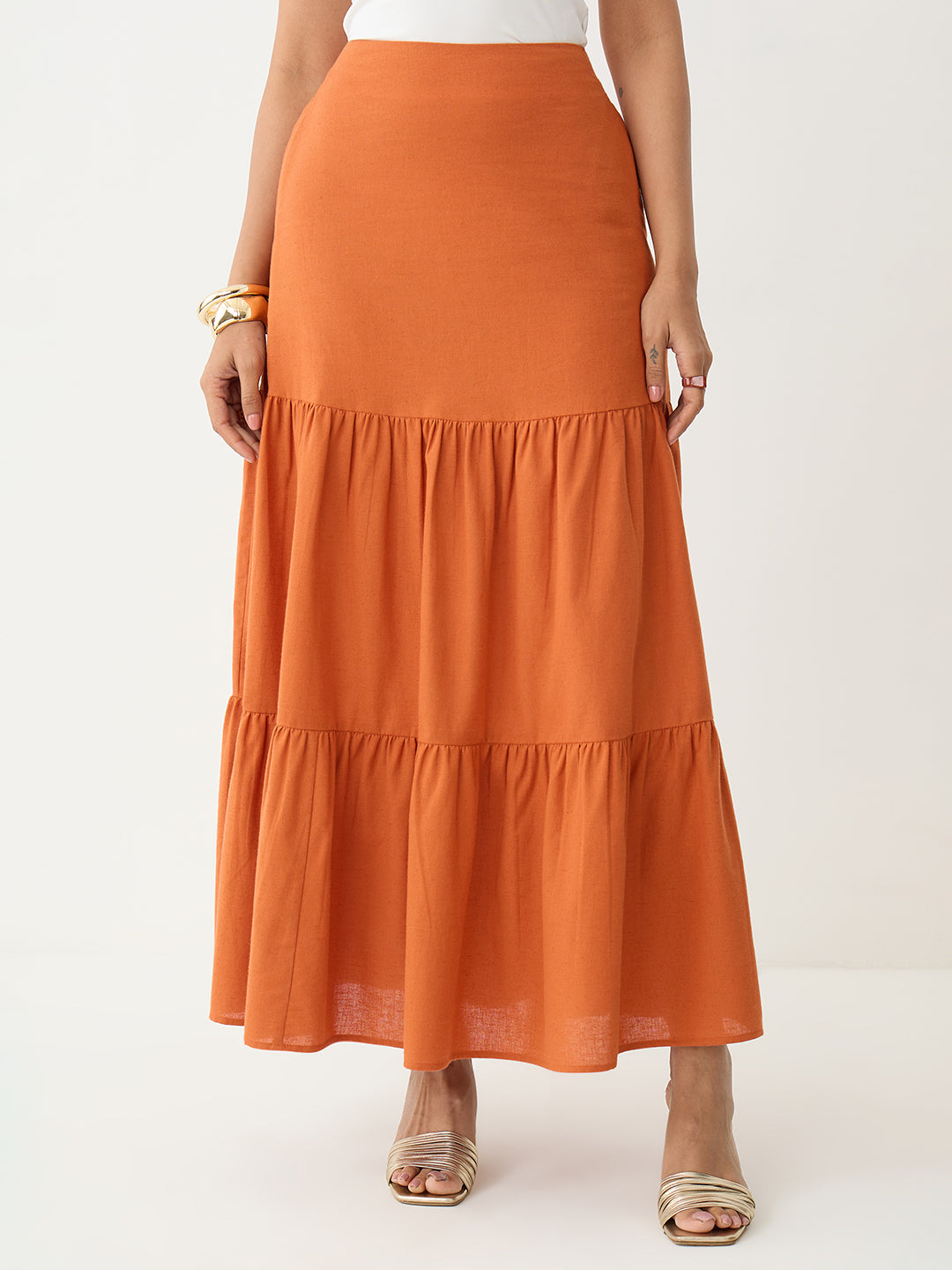 LinenLite Rust Tiered Maxi Skirt