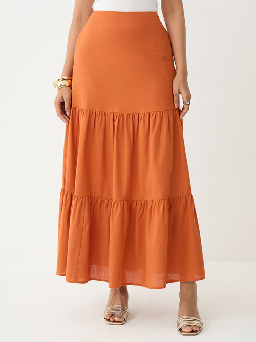 LinenLite Rust Tiered Maxi Skirt