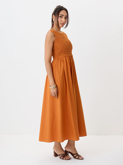 PaperLite Poplin Rust Smocked Maxi Dress