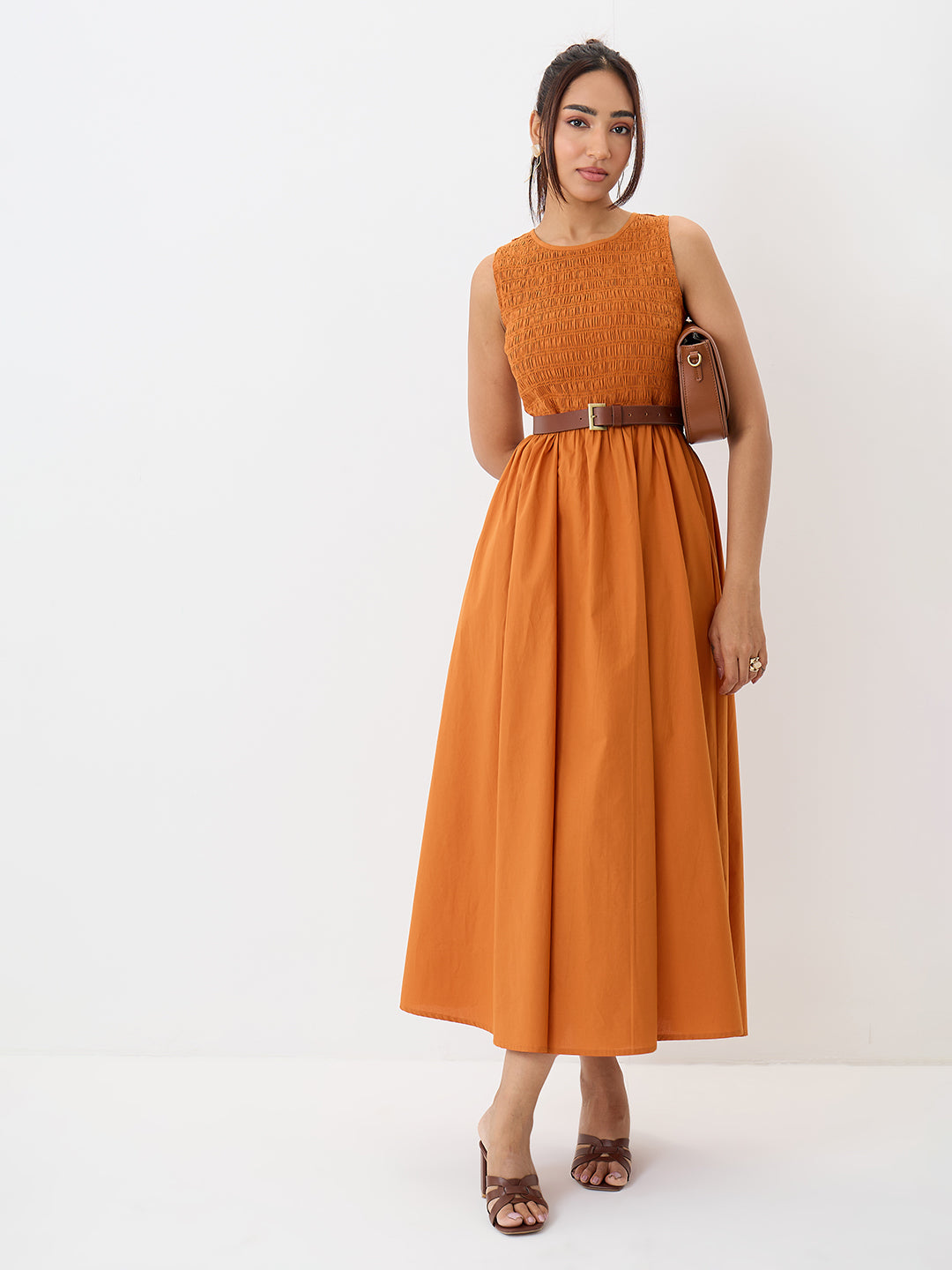PaperLite Poplin Rust Smocked Maxi Dress