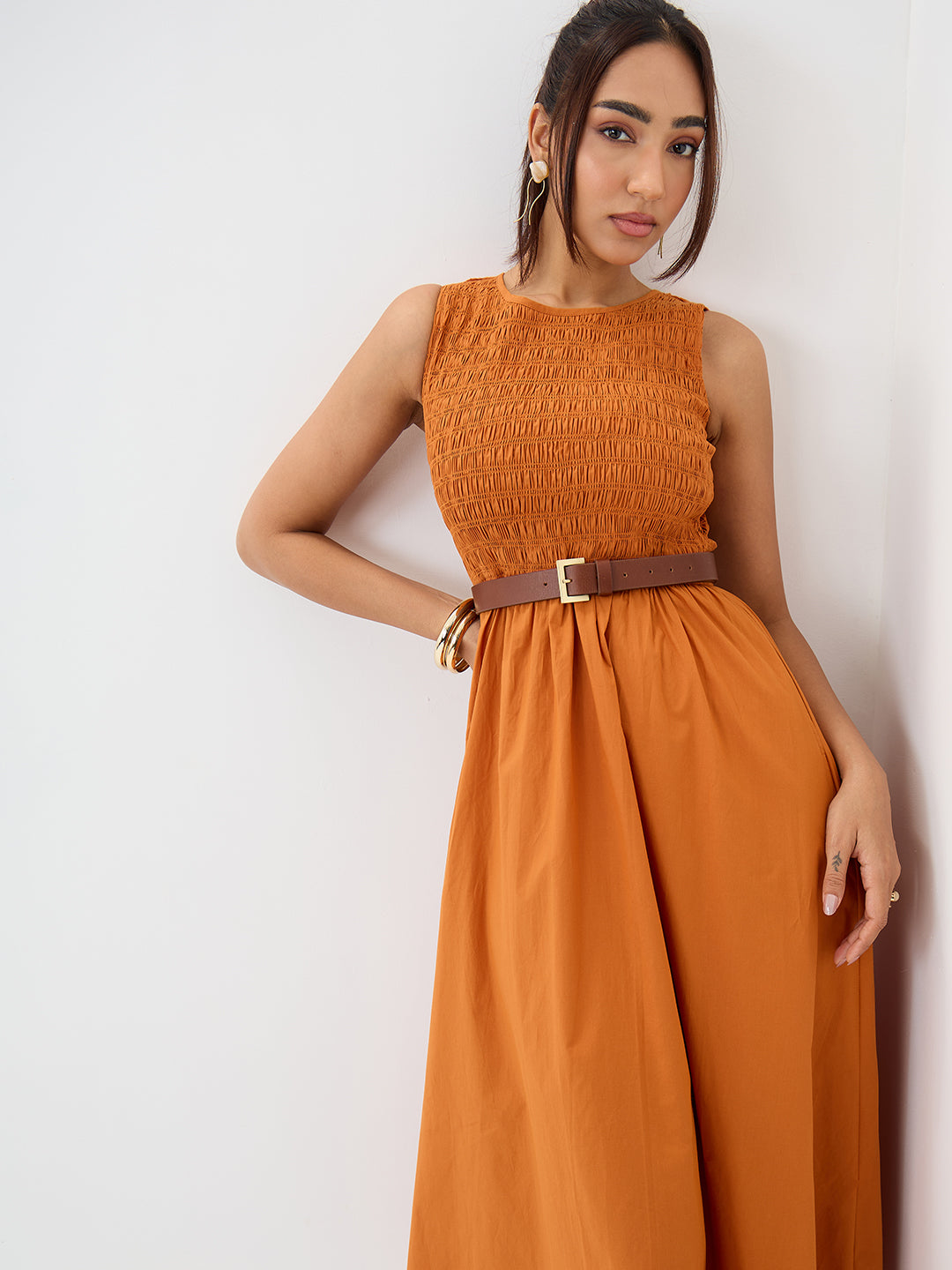 PaperLite Poplin Rust Smocked Maxi Dress