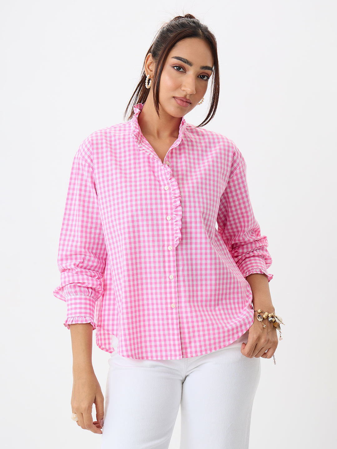 Pink Gingham Frill Detail Shirt