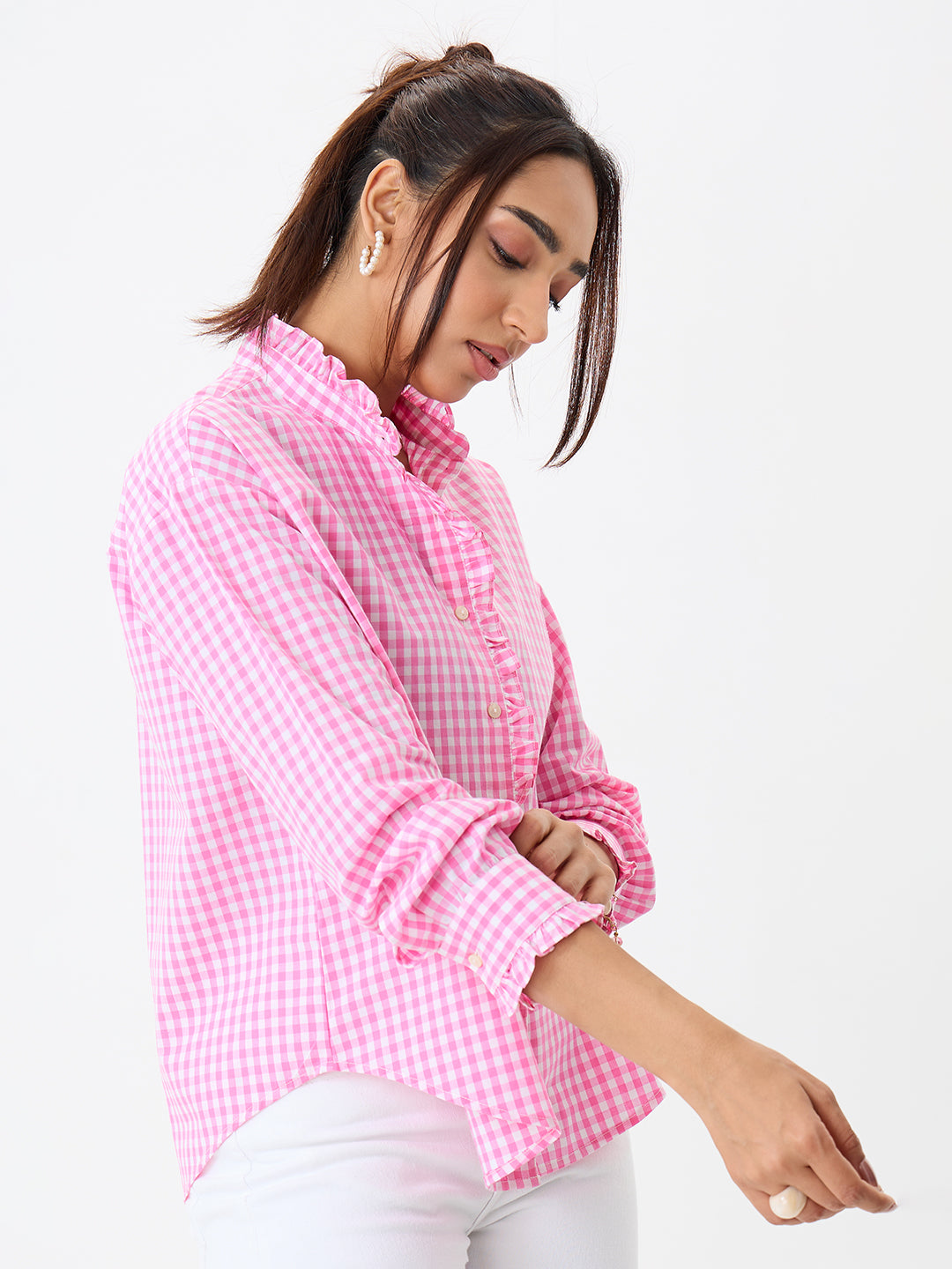 Pink Gingham Frill Detail Shirt
