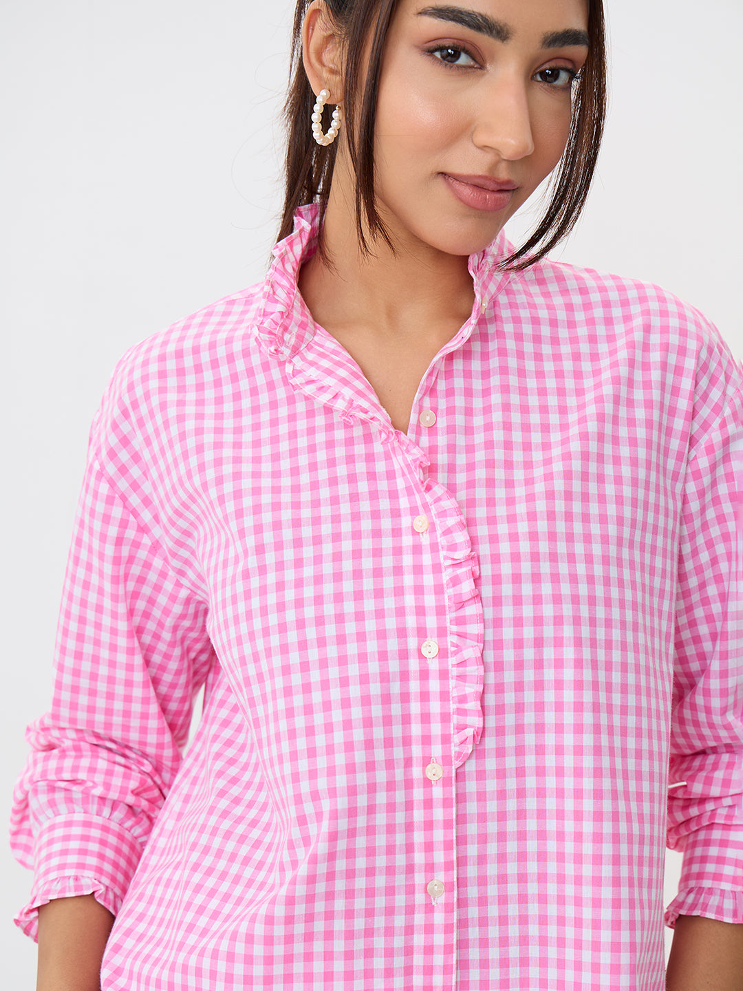 Pink Gingham Frill Detail Shirt