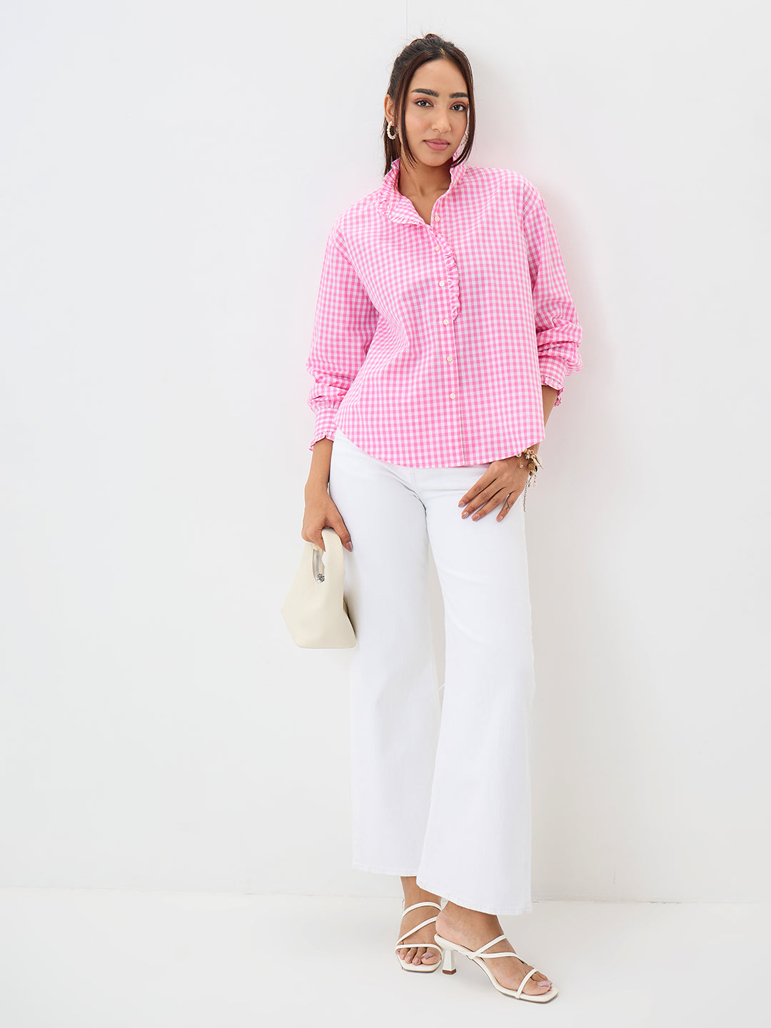 Pink Gingham Frill Detail Shirt