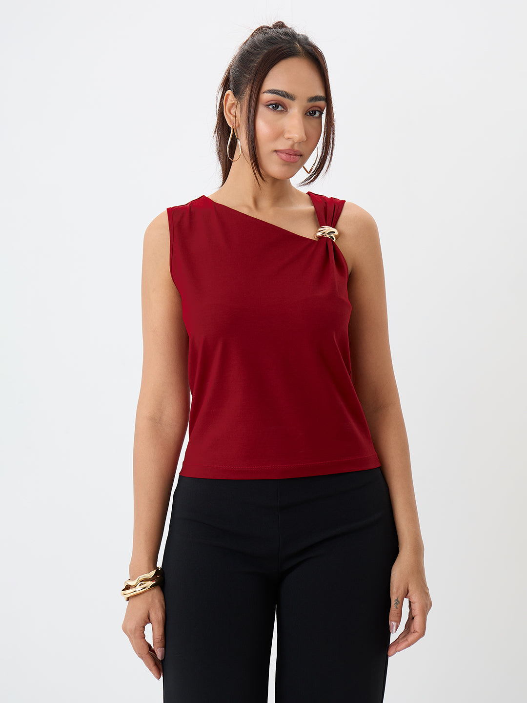 TrueStretch Red Asymmetric Neck Top