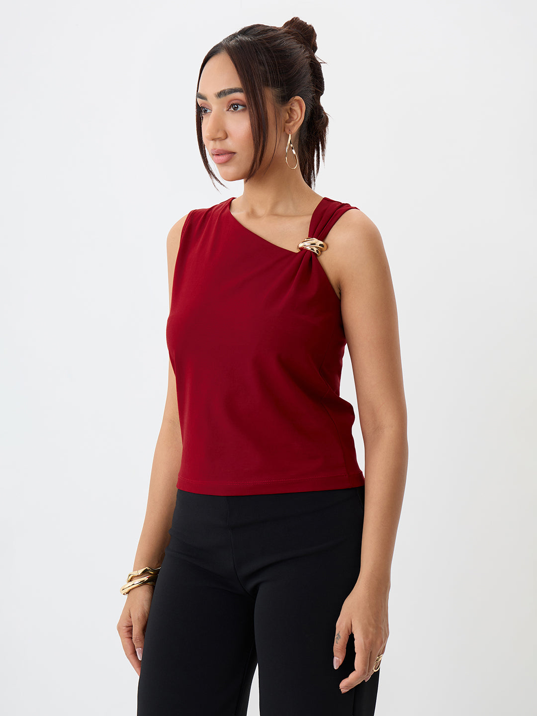 TrueStretch Red Asymmetric Neck Top