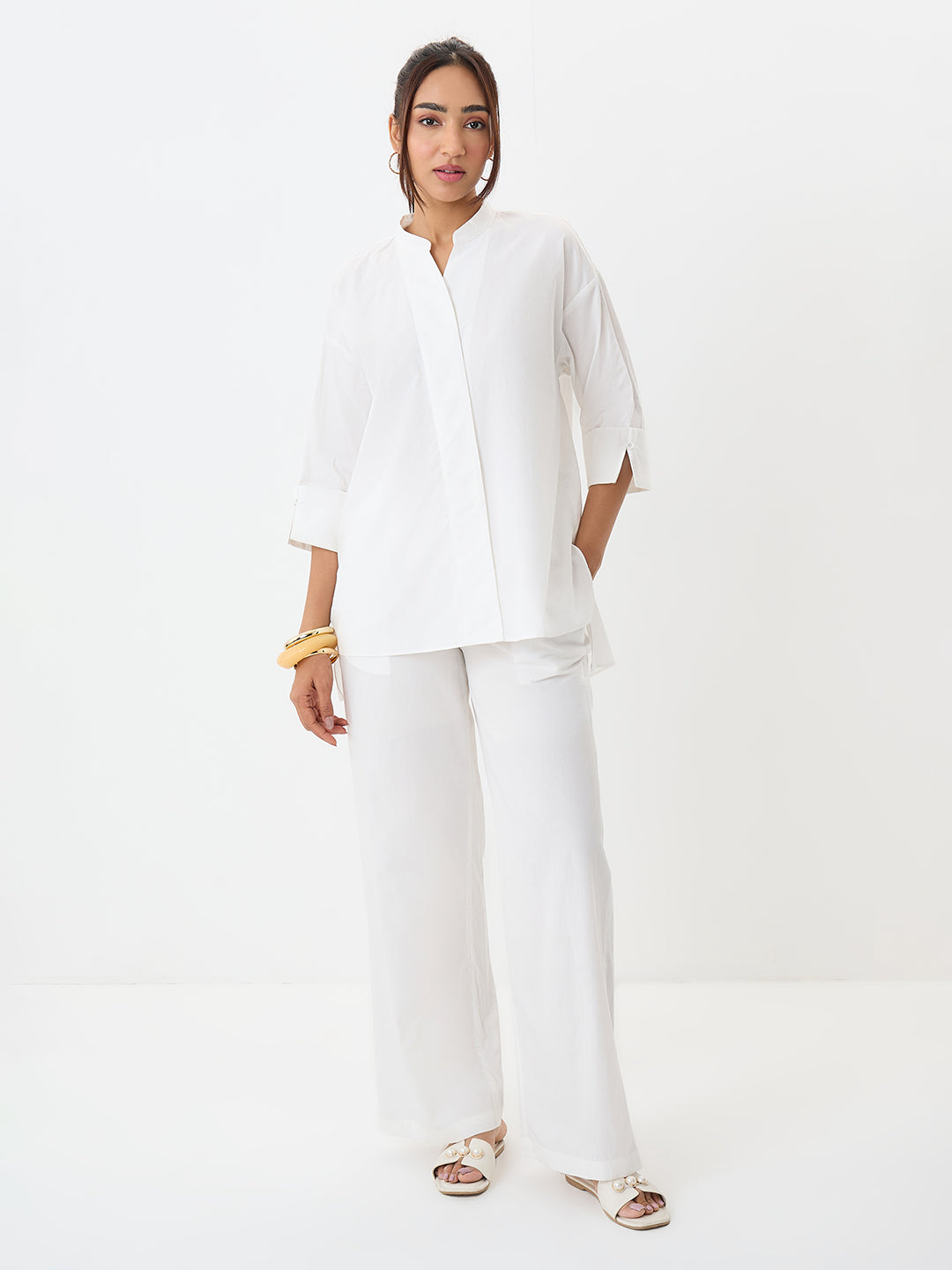 White Poplin Longline Shirt And Pants Co-Ord