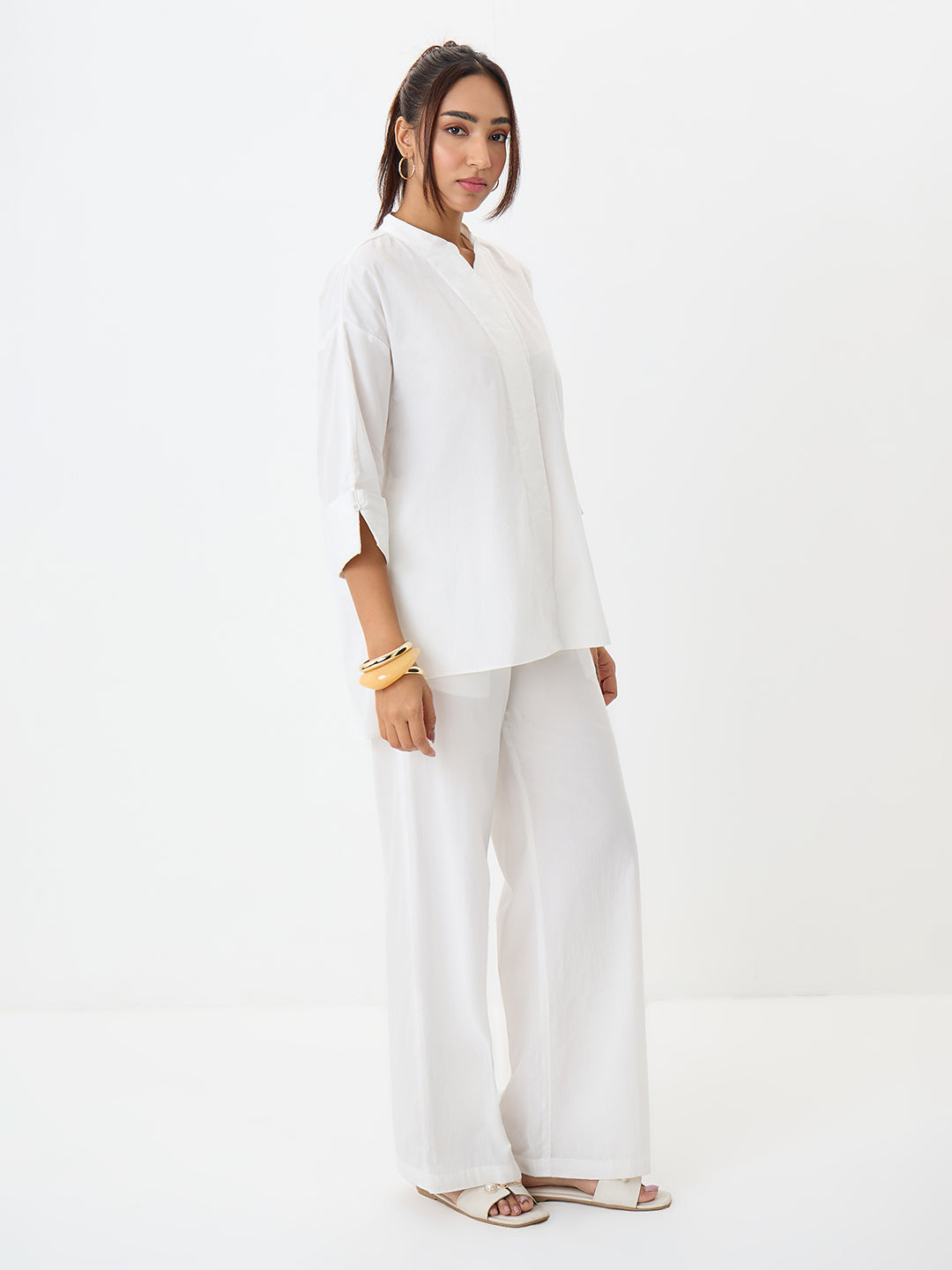 White Poplin Longline Shirt And Pants Co-Ord