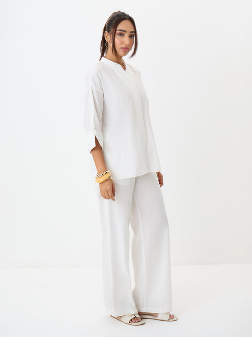 White Poplin Longline Shirt And Pants Co-Ord