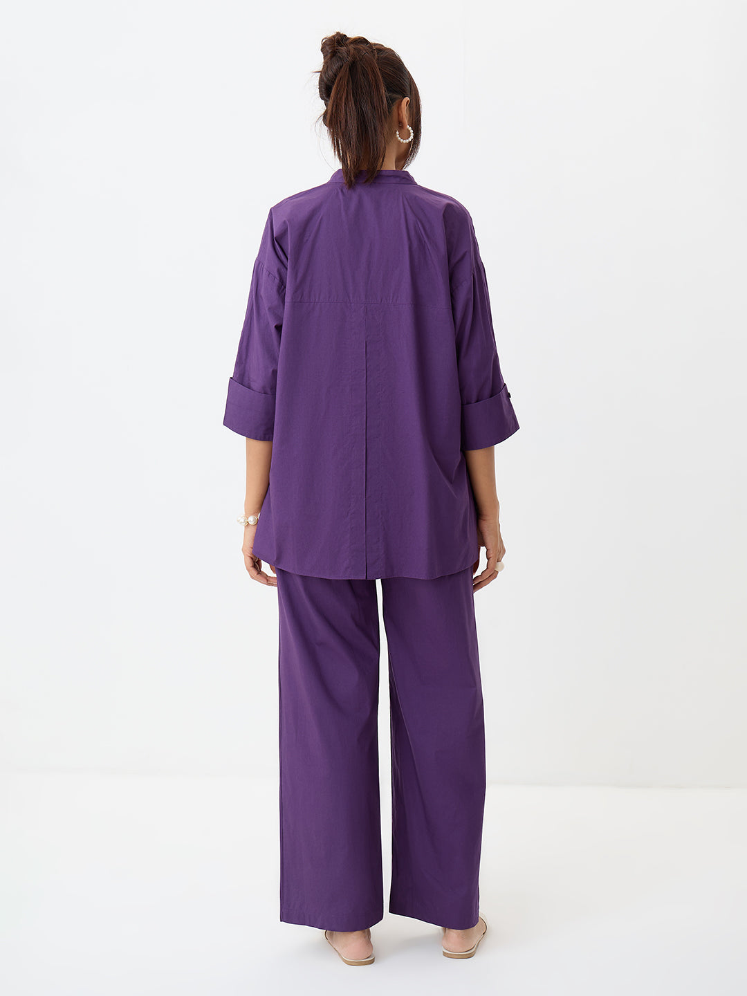 Deep Purple Poplin Longline Shirt And Pants Co-Ord