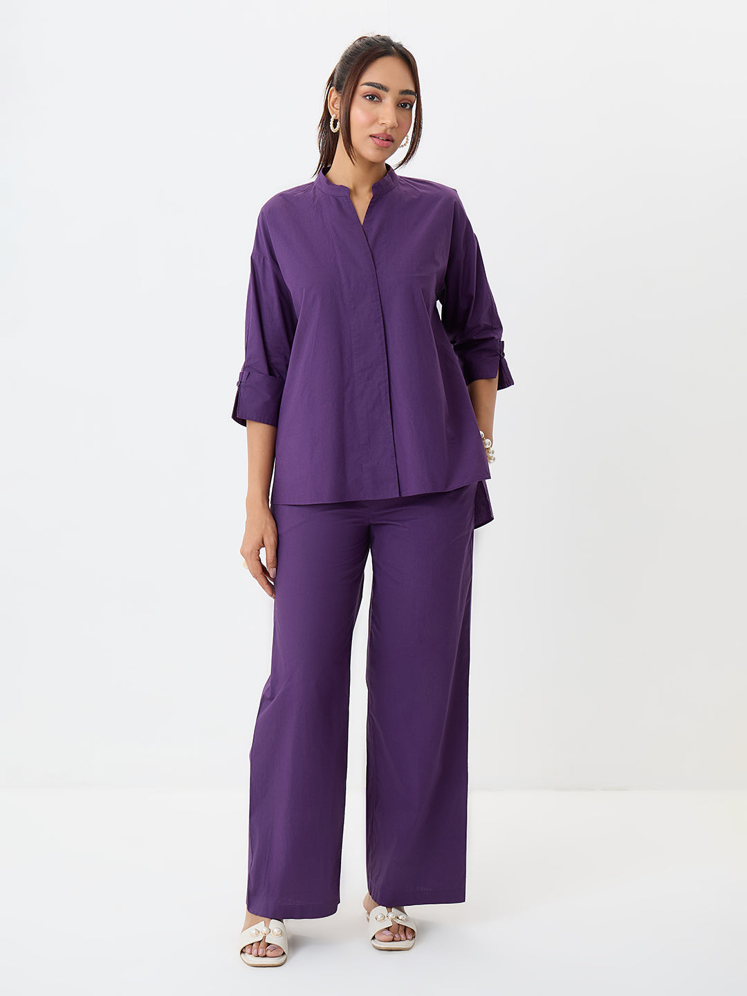 Deep Purple Poplin Longline Shirt And Pants Co-Ord
