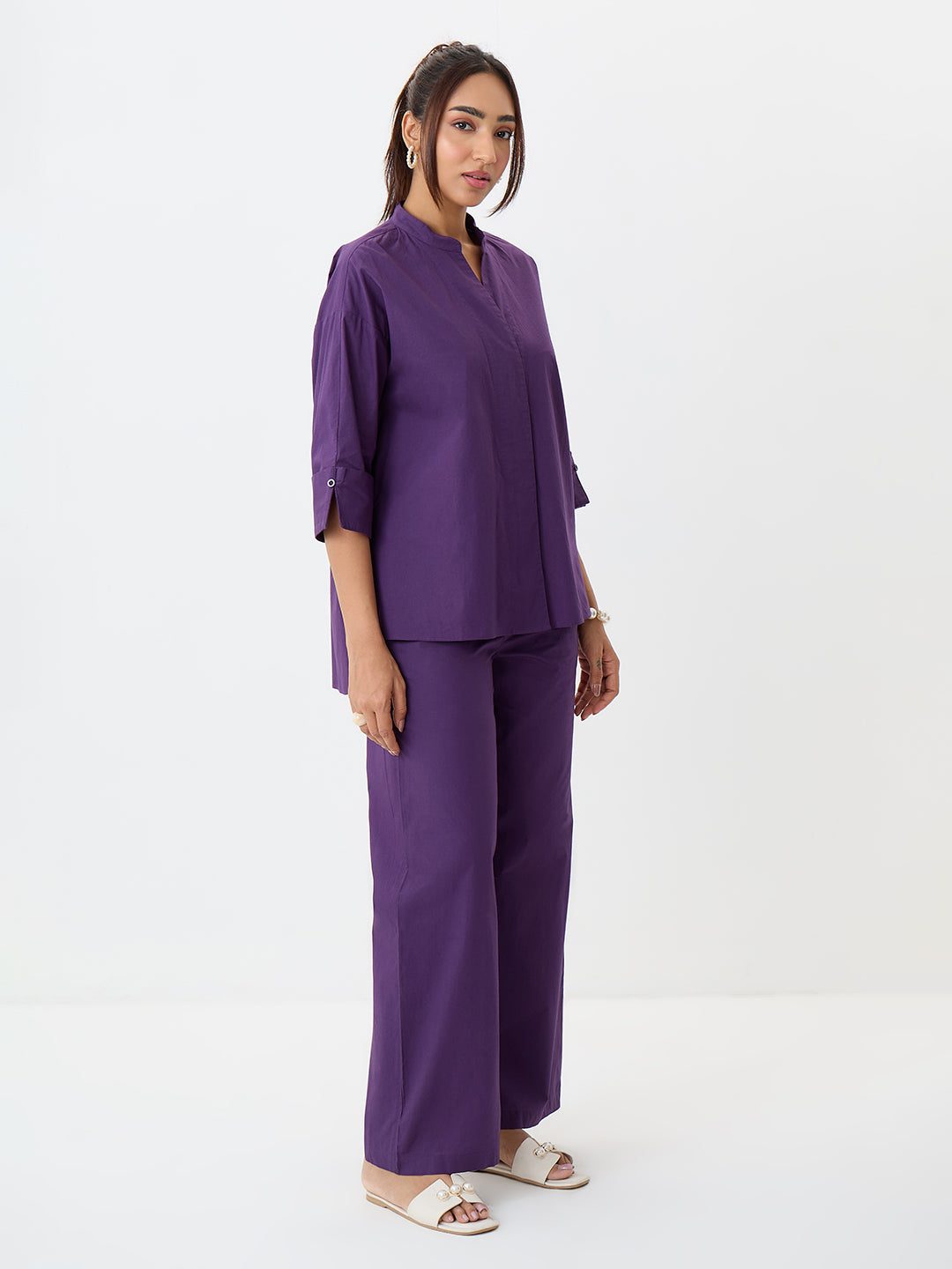 Deep Purple Poplin Longline Shirt And Pants Co-Ord