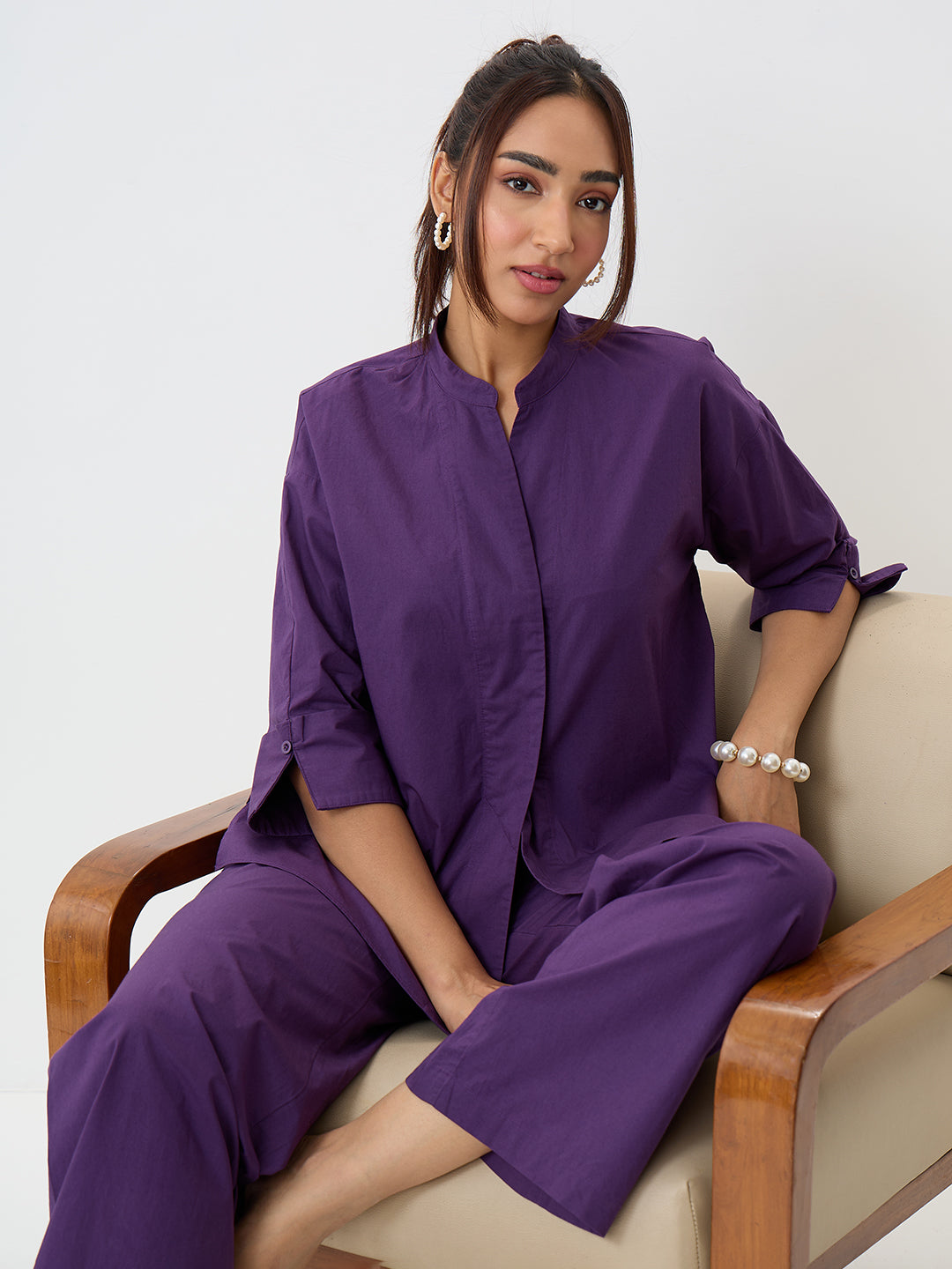 Deep Purple Poplin Longline Shirt And Pants Co-Ord