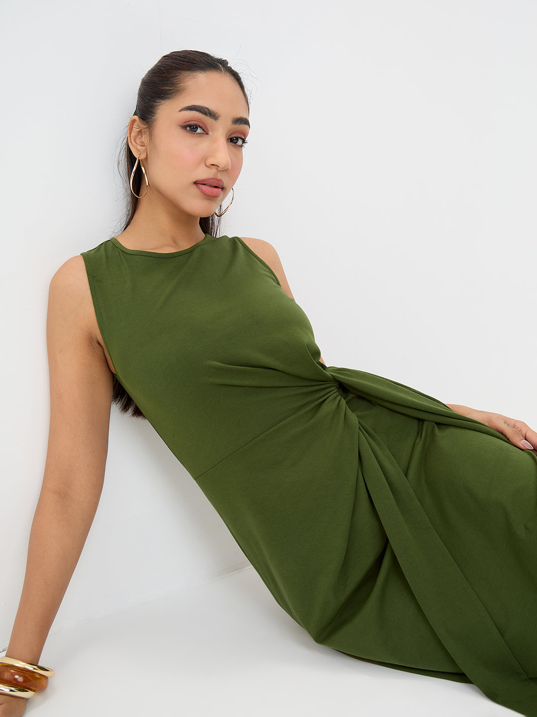 TrueStretch Olive Side Tie-Up Maxi Dress