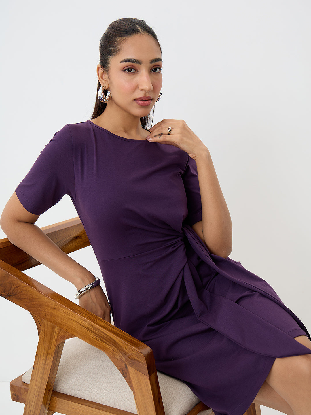 TrueStretch Deep Purple Side Tie-Up Mini Dress