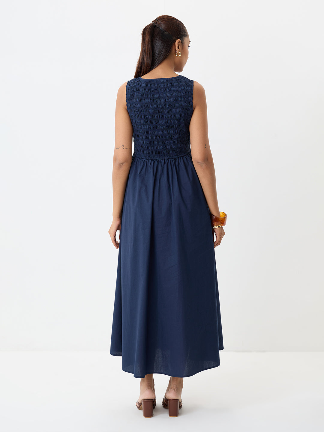 PaperLite Poplin Navy Smocked Maxi Dress