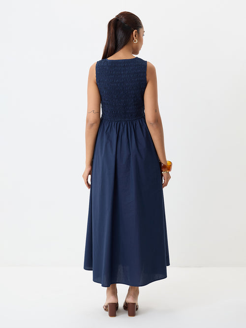 PaperLite Poplin Navy Smocked Maxi Dress