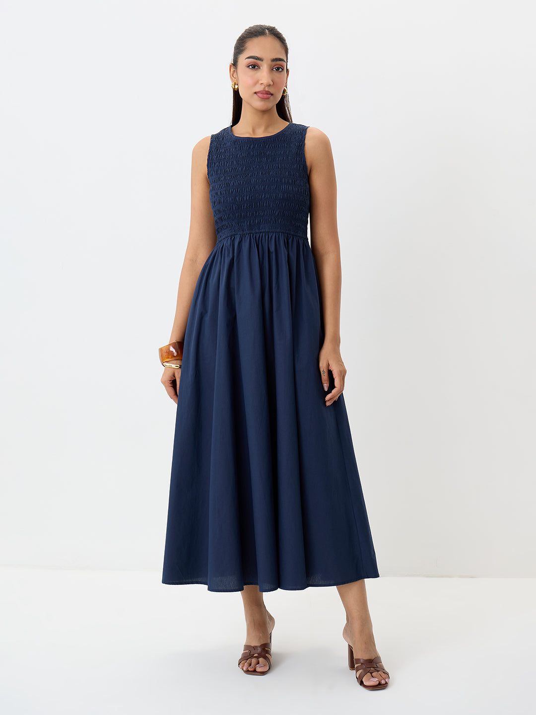 PaperLite Poplin Navy Smocked Maxi Dress