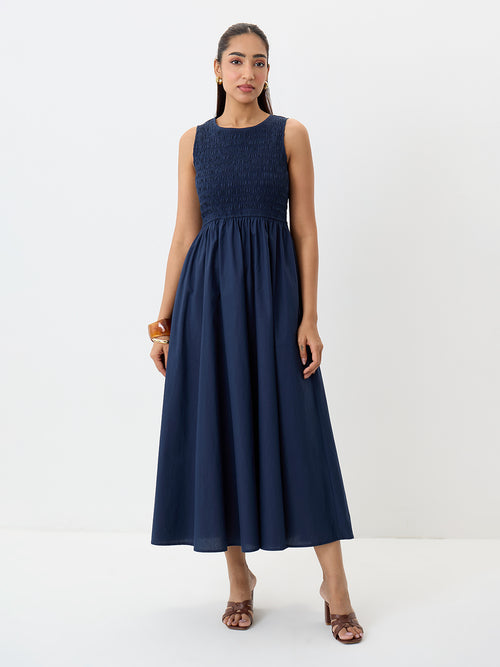 PaperLite Poplin Navy Smocked Maxi Dress