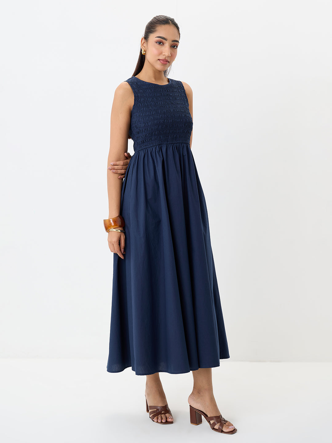 PaperLite Poplin Navy Smocked Maxi Dress
