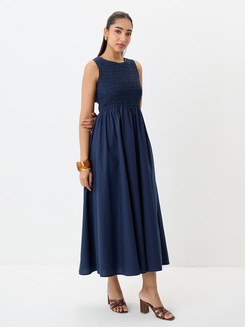 PaperLite Poplin Navy Smocked Maxi Dress