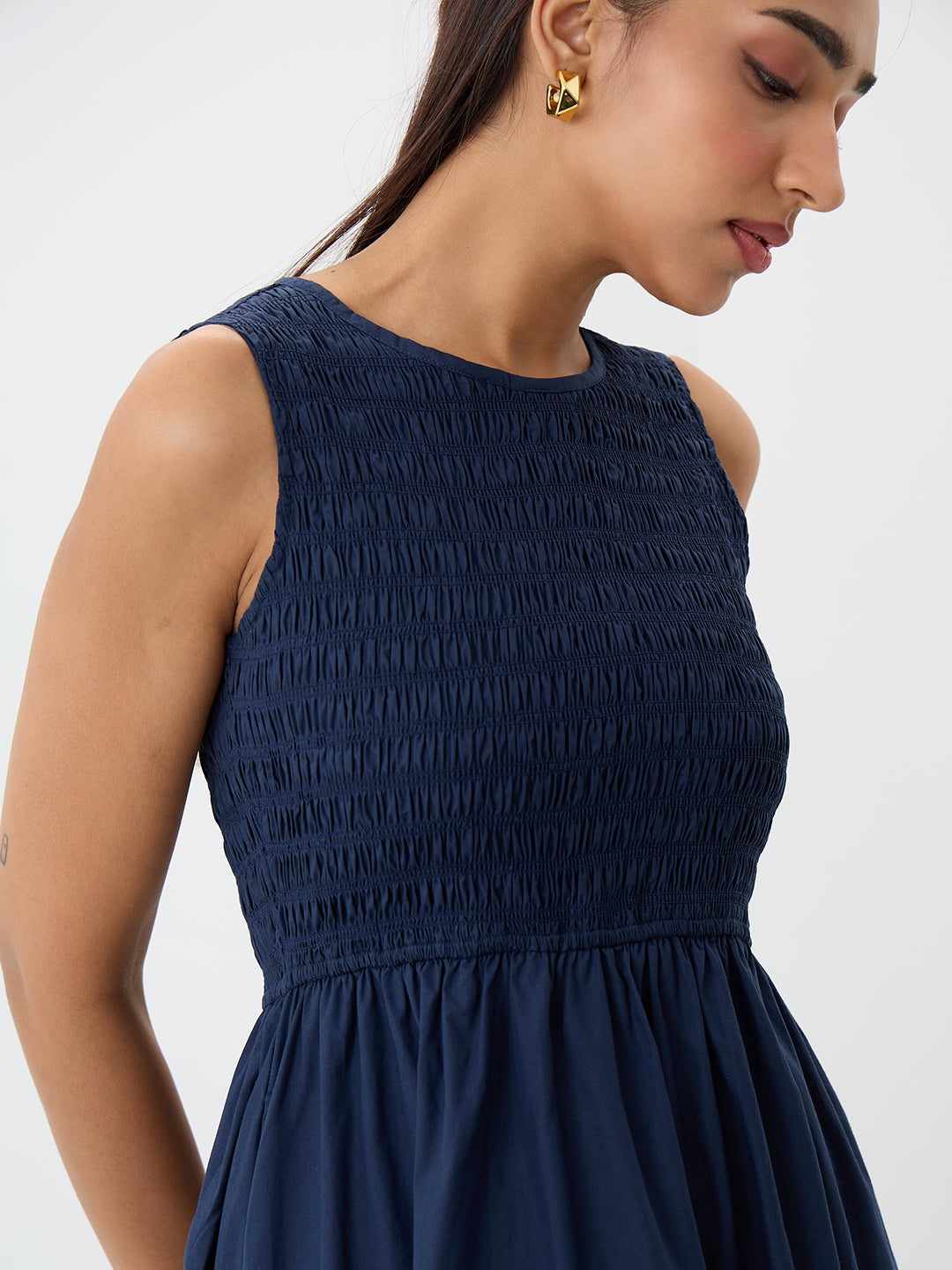 PaperLite Poplin Navy Smocked Maxi Dress