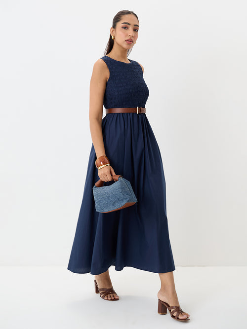 PaperLite Poplin Navy Smocked Maxi Dress