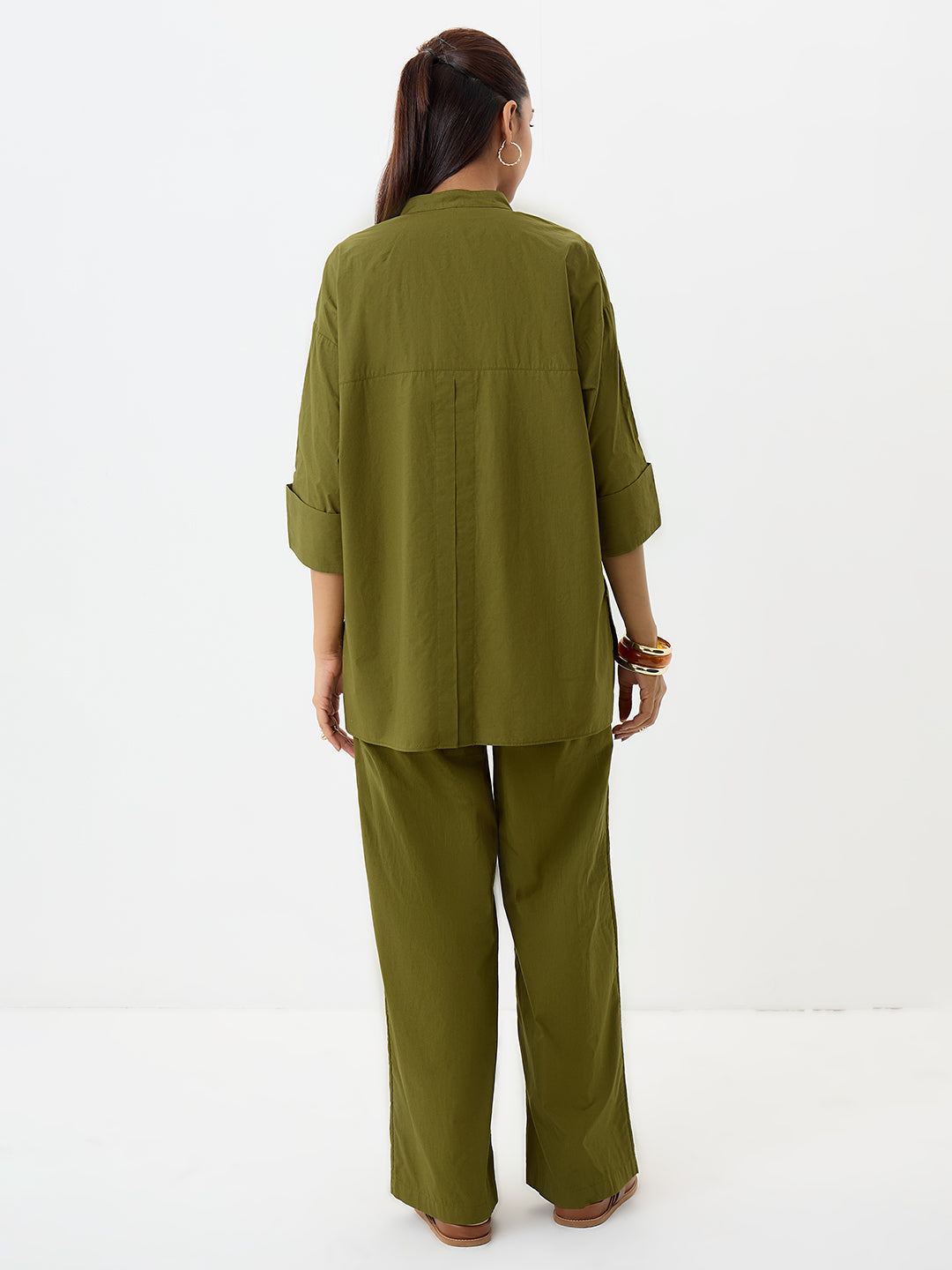 Olive Poplin Longline Shirt And Pants Co-Ord