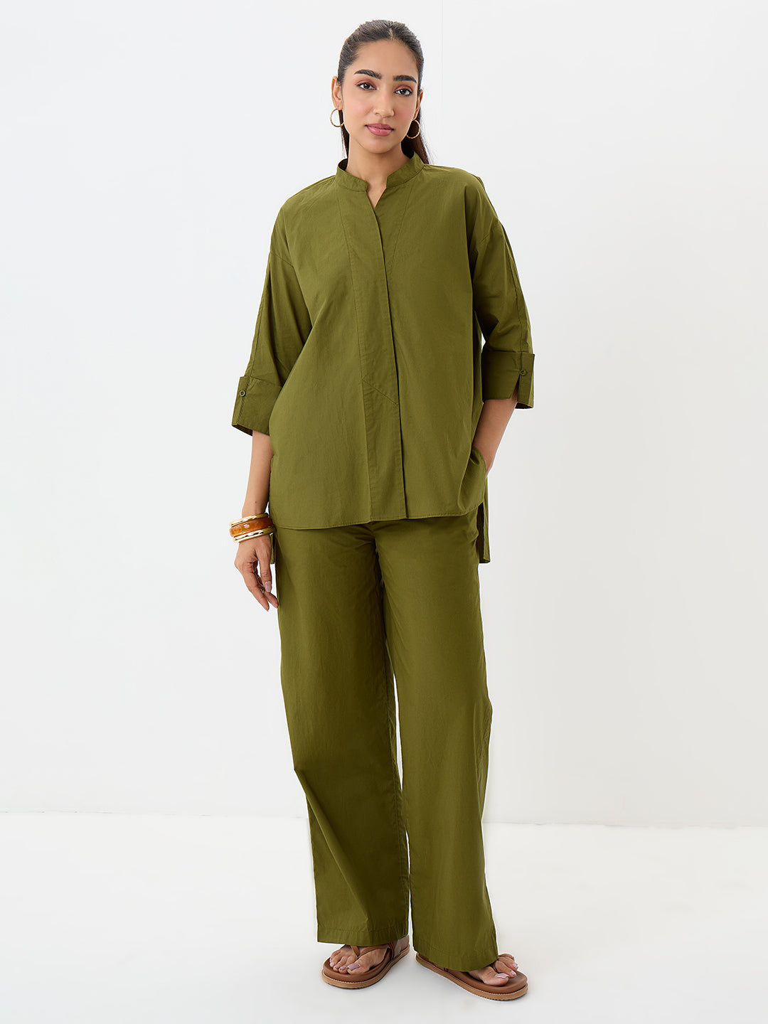Olive Poplin Longline Shirt And Pants Co-Ord