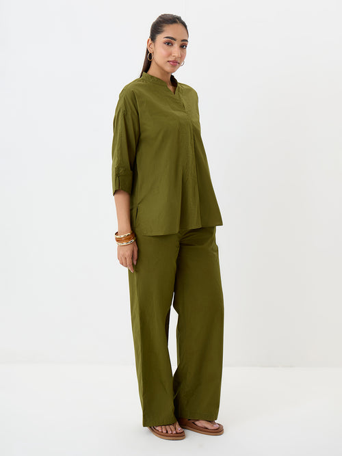 Olive Poplin Longline Shirt And Pants Co-Ord