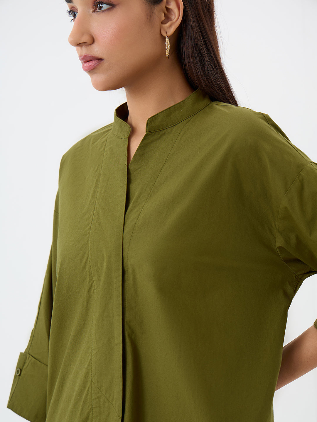 Olive Poplin Longline Shirt And Pants Co-Ord