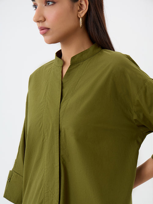 Olive Poplin Longline Shirt And Pants Co-Ord